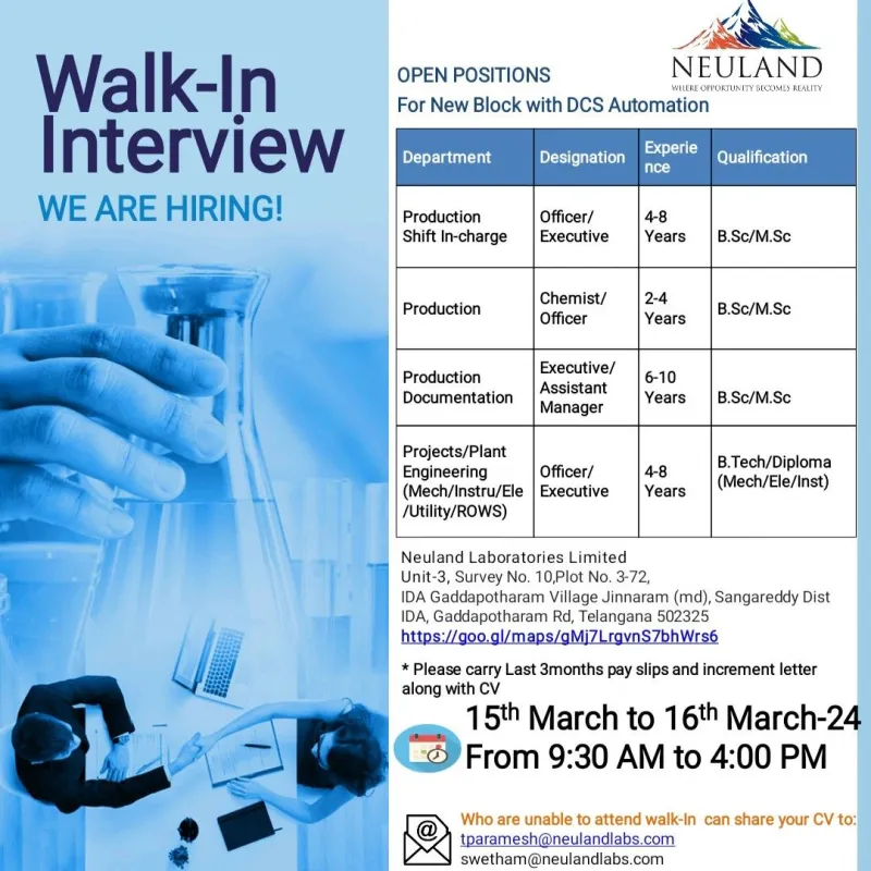 Neuland Laboratories - Walk-In Drive for Multiple Departments on 15th & 16th Mar 2024